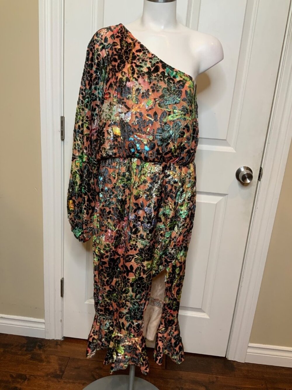 Hemant & Nandita Floral Jacquard One Shoulder Midi Velvet Burnout Dress, Size L
